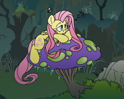 Size: 2500x2000 | Tagged: safe, artist:dfectivedvice, artist:jackiephantom13, artist:pananovich, character:fluttershy, species:pegasus, species:pony, bee, colored, everfree forest, forest, giant mushroom, insect, mushroom, sleepy, solo, waking up
