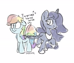 Size: 2700x2300 | Tagged: safe, artist:bobdude0, character:princess luna, character:rainbow dash, species:alicorn, species:pegasus, species:pony, ship:lunadash, butt touch, descriptive noise, feathermarking, female, horse noises, lesbian, mare, meme, personal space invasion, shipping, simple background, sketch, surprised, white background
