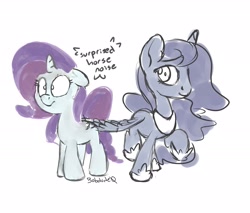 Size: 2700x2300 | Tagged: safe, artist:bobdude0, character:princess luna, character:rarity, species:alicorn, species:pony, species:unicorn, ship:rariluna, butt touch, cute, descriptive noise, feathermarking, female, floppy ears, frown, horse noises, lesbian, mare, meme, personal space invasion, raised hoof, shipping, simple background, sketch, smiling, surprised, white background, wide eyes