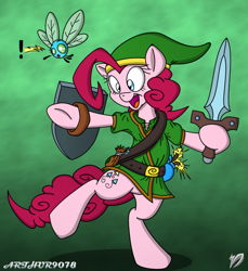 Size: 732x800 | Tagged: safe, artist:arthur9078, artist:dfectivedvice, character:pinkie pie, species:pony, bipedal, clothing, colored, crossover, dexterous hooves, duo, female, green background, hat, hoof hold, human pose, link, mare, navi, parasprite, paraspritized, shield, simple background, solo, species swap, sword, the legend of zelda, triforce