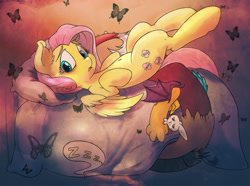 Size: 1000x743 | Tagged: safe, artist:dfectivedvice, artist:firebird145, character:angel bunny, character:discord, character:fluttershy, bed, black butterfly, butterfly, on back, on bed, pillow