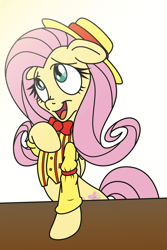 Size: 2000x3000 | Tagged: safe, artist:dfectivedvice, artist:pananovich, character:fluttershy, boater hat, bow tie, clothing, colored, hat, solo