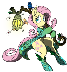 Size: 2400x2600 | Tagged: safe, artist:dfectivedvice, artist:pananovich, character:fluttershy, species:bird, species:pony, animal, belly button, bipedal, carrying, colored, lantern, simple background, solo, staff, transparent background