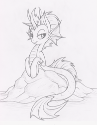 Size: 779x1000 | Tagged: safe, artist:dfectivedvice, oc, oc only, species:siren, grayscale, monochrome, solo, traditional art