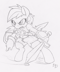 Size: 832x1000 | Tagged: safe, artist:dfectivedvice, character:rainbow dash, species:anthro, belly button, grayscale, midriff, monochrome, simple background, sword, traditional art