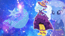 Size: 1920x1080 | Tagged: safe, artist:ambassad0r, artist:hatsunepie, artist:pony2vector, character:trixie, my little pony:equestria girls, boots, clothing, cutie mark, dress, fabulous, full name, hat, rainbow rocks outfit, vector, wallpaper, zoom layer