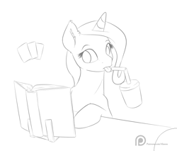 Size: 682x582 | Tagged: safe, artist:alasou, character:trixie, species:pony, species:unicorn, book, card, drink, drinking, female, mare, monochrome, patreon, patreon logo, sketch, solo, straw