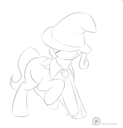 Size: 570x592 | Tagged: safe, artist:alasou, character:trixie, species:pony, species:unicorn, cape, clothing, female, hat, mare, monochrome, one hoof raised, patreon, patreon logo, raised hoof, sketch, solo, trixie's cape, trixie's hat, wardrobe malfunction