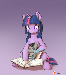 Size: 1100x1250 | Tagged: safe, artist:alasou, character:smarty pants, character:twilight sparkle, book, happy, open mouth, patreon, patreon logo, quill, sitting