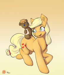 Size: 1125x1300 | Tagged: safe, artist:alasou, character:applejack, looking back, open mouth, patreon, patreon logo, plushie, solo
