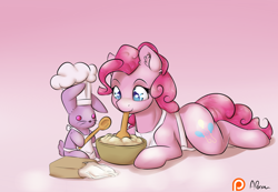 Size: 1280x886 | Tagged: safe, artist:alasou, character:pinkie pie, species:earth pony, species:pony, species:rabbit, apron, baking, batter, chef's hat, clothing, cute, diapinkes, ear fluff, female, flour, flour sack, food, hat, mare, mixing, mouth hold, patreon, patreon logo, pink background, plushie, prone, simple background, smiling, solo, spoon