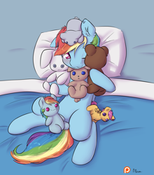 Size: 1275x1450 | Tagged: safe, artist:alasou, character:rainbow dash, character:scootaloo, species:pegasus, species:pony, :3, bed, blushing, cute, dashabetes, ear fluff, floppy ears, looking at you, nuzzling, on back, patreon, patreon logo, plushie, smiling, solo, weapons-grade cute, wink