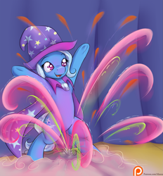 Size: 1625x1750 | Tagged: safe, artist:alasou, character:trixie, species:pony, bipedal, cape, clothing, cute, diatrixes, female, hat, magic, open mouth, patreon, patreon logo, solo, trixie's cape, trixie's hat, underhoof