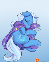 Size: 1000x1250 | Tagged: safe, artist:alasou, character:trixie, species:pony, species:unicorn, cape, clothing, cute, diatrixes, eyes closed, female, mare, patreon, patreon logo, plot, sleeping, solo, trixie's cape, trixie's hat