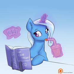 Size: 1300x1300 | Tagged: safe, artist:alasou, character:trixie, species:pony, species:unicorn, blep, book, drink, drinking, female, glowing horn, levitation, magic, mare, patreon, patreon logo, reading, solo, straw, telekinesis, tongue out