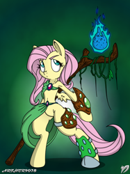 Size: 598x800 | Tagged: safe, artist:arthur9078, artist:dfectivedvice, character:fluttershy, clothing, druid, fire, flutterdruid, mage, magic, semi-anthro, solo, staff