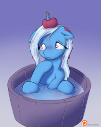 Size: 1200x1500 | Tagged: safe, artist:alasou, character:trixie, species:pony, species:unicorn, bath, cute, ear fluff, female, floppy ears, fluffy, frown, horn impalement, mare, patreon, patreon logo, sad, solo, tomato, wet