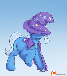 Size: 1100x1250 | Tagged: safe, artist:alasou, character:trixie, species:pony, species:unicorn, ..., cape, clothing, female, hat, mare, one hoof raised, patreon, patreon logo, raised hoof, solo, trixie's cape, trixie's hat