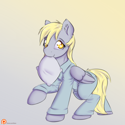 Size: 1250x1250 | Tagged: safe, artist:alasou, character:derpy hooves, species:pegasus, species:pony, clothing, cute, derpabetes, female, mare, mouth hold, one hoof raised, pajamas, patreon, patreon logo, pillow, raised hoof, solo