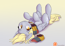 Size: 1600x1125 | Tagged: safe, artist:alasou, character:derpy hooves, species:pegasus, species:pony, clothing, cute, derpabetes, ear fluff, female, looking at you, mare, on back, patreon, patreon logo, scarf, smiling, solo, upside down