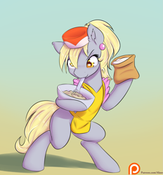 Size: 1325x1425 | Tagged: safe, artist:alasou, character:derpy hooves, species:pony, accessory theft, apron, baking, bipedal, blushing, bowl, clothing, cute, derpabetes, earring, female, flour, hat, hoof hold, mixing bowl, mouth hold, patreon, patreon logo, piercing, smiling, solo, whisk