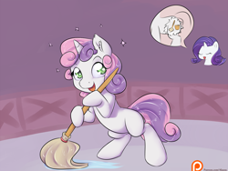 Size: 1600x1200 | Tagged: safe, artist:alasou, character:rarity, character:sweetie belle, episode:bloom and gloom, g4, my little pony: friendship is magic, cute, cutie mark, cutiespark, diasweetes, green eyes, mop, patreon, patreon logo, pictogram