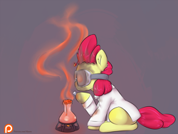 Size: 1500x1125 | Tagged: safe, artist:alasou, character:apple bloom, bunsen burner, chemistry, erlenmeyer flask, fire, flask, goggles, patreon, patreon logo, science, solo