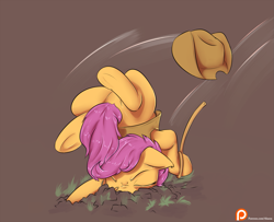 Size: 1665x1350 | Tagged: safe, artist:alasou, character:scootaloo, species:pegasus, species:pony, backbend, clothing, crash, eyes closed, faceplant, flexible, hat, majestic as fuck, patreon, patreon logo, rope, scootacrash, solo, underhoof