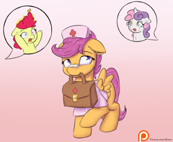 Size: 1650x1350 | Tagged: safe, artist:alasou, character:apple bloom, character:scootaloo, character:sweetie belle, species:pegasus, species:pony, adorabloom, cute, cutealoo, cutie mark crusaders, diasweetes, fire, floppy ears, mouth hold, nurse, on fire, open mouth, patreon, patreon logo, pictogram, raised hoof, wide eyes