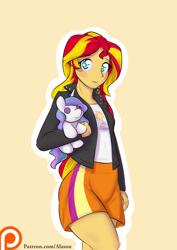 Size: 1100x1550 | Tagged: safe, artist:alasou, character:princess celestia, character:sunset shimmer, my little pony:equestria girls, cute, female, patreon, patreon logo, plushie, shimmerbetes, solo