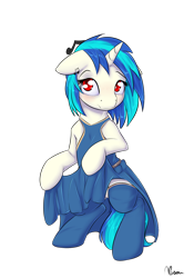Size: 1050x1500 | Tagged: safe, artist:alasou, character:dj pon-3, character:vinyl scratch, background pony, clothing, cute, dress, music notes, signature, simple background, solo, standing, transparent background, tumblr, vinylbetes
