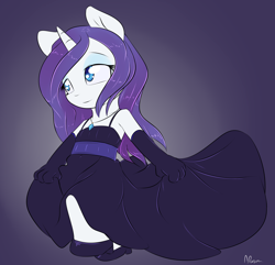 Size: 1400x1350 | Tagged: safe, artist:alasou, character:rarity, species:anthro, alternate hairstyle, ambiguous facial structure, chibi, clothing, cute, dress, evening gloves, female, gloves, raribetes, signature, solo, standing, tumblr