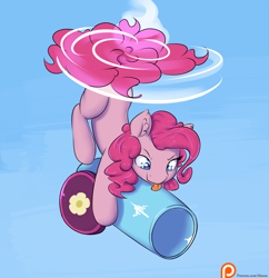 Size: 1500x1550 | Tagged: safe, artist:alasou, character:pinkie pie, blep, cute, diapinkes, flying, party cannon, patreon, patreon logo, pinkie being pinkie, pinkie physics, pinkiecopter, solo, tailcopter, tongue out