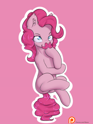 Size: 1250x1650 | Tagged: safe, artist:alasou, character:pinkie pie, cute, diapinkes, markiplier, moustache, patreon, patreon logo, prehensile tail, solo, tail stand, thinking, warfstache