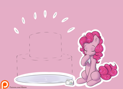 Size: 2250x1625 | Tagged: safe, artist:alasou, character:pinkie pie, cake, cute, diapinkes, dish, ear fluff, eyes closed, handkerchief, hoof hold, napkin, patreon, patreon logo, sitting, smiling, solo
