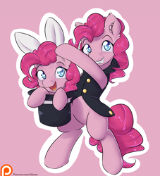 Size: 1250x1375 | Tagged: safe, artist:alasou, character:pinkie pie, species:pony, species:rabbit, bipedal, bunny ears, bunny out of the hat, clothing, cute, diapinkes, grin, hat, looking at you, magic trick, open mouth, patreon, patreon logo, self ponidox, smiling, top hat