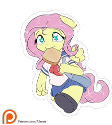 Size: 1350x1500 | Tagged: safe, artist:alasou, character:fluttershy, species:anthro, species:plantigrade anthro, ambiguous facial structure, bag, breasts, chibi, clothing, cute, delicious flat chest, female, flattershy, mouth hold, patreon, patreon logo, running, sailor uniform, school uniform, schoolgirl toast, shoes, shyabetes, simple background, skirt, solo, toast, transparent background