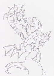 Size: 720x1000 | Tagged: safe, artist:dfectivedvice, character:discord, character:fluttershy, ship:discoshy, female, grayscale, holding, hug, male, monochrome, shipping, simple background, straight, traditional art