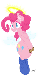 Size: 650x1230 | Tagged: safe, artist:dfectivedvice, artist:midnightblitzz, character:pinkie pie, angel, angelic wings, chest fluff, color edit, colored, cookie, cute, ear fluff, eyelashes, fluffy, grin, halo, hoof hold, semi-anthro, simple background, smiling, solo, transparent background, vector