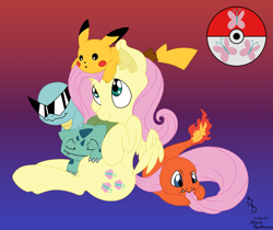 Size: 800x673 | Tagged: safe, artist:anime-apothecary, artist:dfectivedvice, character:fluttershy, bulbasaur, charmander, crossover, pikachu, pokémon, squirtle