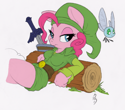 Size: 1000x882 | Tagged: safe, artist:dfectivedvice, character:pinkie pie, species:anthro, clothing, color, color edit, colored, crossover, duo, female, gray background, hat, link, log, navi, on back, parasprite, paraspritized, simple background, species swap, sword, the legend of zelda, tunic