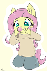 Size: 900x1350 | Tagged: safe, artist:alasou, character:fluttershy, species:anthro, bubblegum, chibi, clothing, delicious flat chest, female, flattershy, solo, sweater, sweatershy