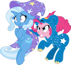 Size: 4345x4000 | Tagged: safe, artist:ambassad0r, artist:dfectivedvice, character:pinkie pie, character:trixie, species:pony, species:unicorn, ponyscape, absurd resolution, cape, clothing, costume, duo, female, hat, jumpscare, mare, scared, simple background, transparent background, ursa minor, vector, wizard hat