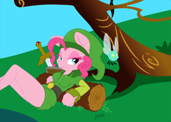 Size: 1280x918 | Tagged: safe, artist:dfectivedvice, artist:midnightblitzz, character:pinkie pie, species:anthro, clothing, color edit, colored, crossover, cute, female, hat, link, log, navi, on back, parasprite, paraspritized, solo, species swap, sword, the legend of zelda, tunic, vector