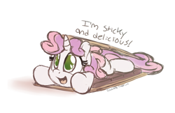 Size: 1700x1100 | Tagged: safe, artist:bobdude0, character:sweetie belle, species:pony, species:unicorn, chocolate, cute, dialogue, diasweetes, female, filly, food, graham cracker, marshmallow, open mouth, prone, pun, s'mores, simple background, smiling, solo, sweetie belle is a marshmallow too, visual gag