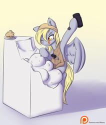 Size: 1375x1625 | Tagged: safe, artist:alasou, character:derpy hooves, species:pony, apron, bipedal, blep, carving, chisel, clothing, cute, derpabetes, female, hammer, hoof hold, marble, muffin, one eye closed, patreon, patreon logo, sculpting, sculpture, solo, that pony sure does love muffins, tongue out