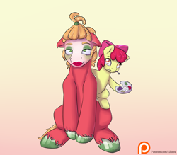 Size: 1600x1400 | Tagged: safe, artist:alasou, character:apple bloom, character:big mcintosh, species:earth pony, species:pony, alternate hairstyle, brush, floppy ears, gradient background, hilarious in hindsight, makeup, male, mouth hold, nail polish, palette, patreon, patreon logo, sitting, smiling, stallion, toenail polish, unshorn fetlocks