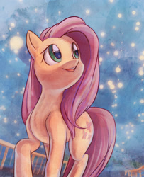 Size: 916x1126 | Tagged: safe, artist:mirroredsea, character:fluttershy, species:pegasus, species:pony, female, firefly, looking up, mare, night, solo, traditional art, walking, watercolor painting