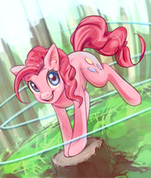 Size: 903x1058 | Tagged: safe, artist:mirroredsea, character:pinkie pie, species:earth pony, species:pony, female, forest, jumping, looking at you, mare, smiling, solo, tree stump