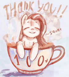 Size: 618x687 | Tagged: safe, artist:mirroredsea, character:fluttershy, species:pony, cappuccino, cup, cup of pony, enjoying, eyes closed, followers, micro, milestone, smiling, solo, squee, thank you